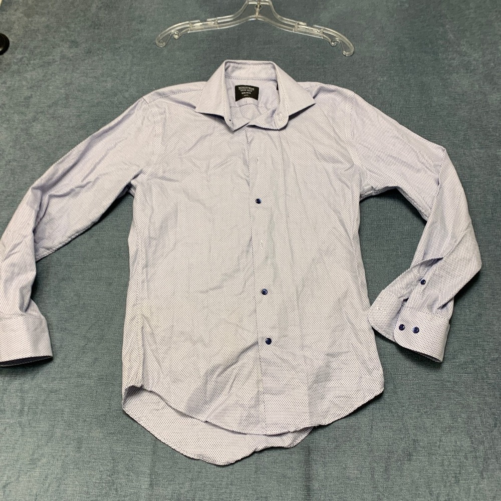 Nordstrom Dress Shirt Men 14.5 White Blue Micro Print Trim Fit Non Iron Business
